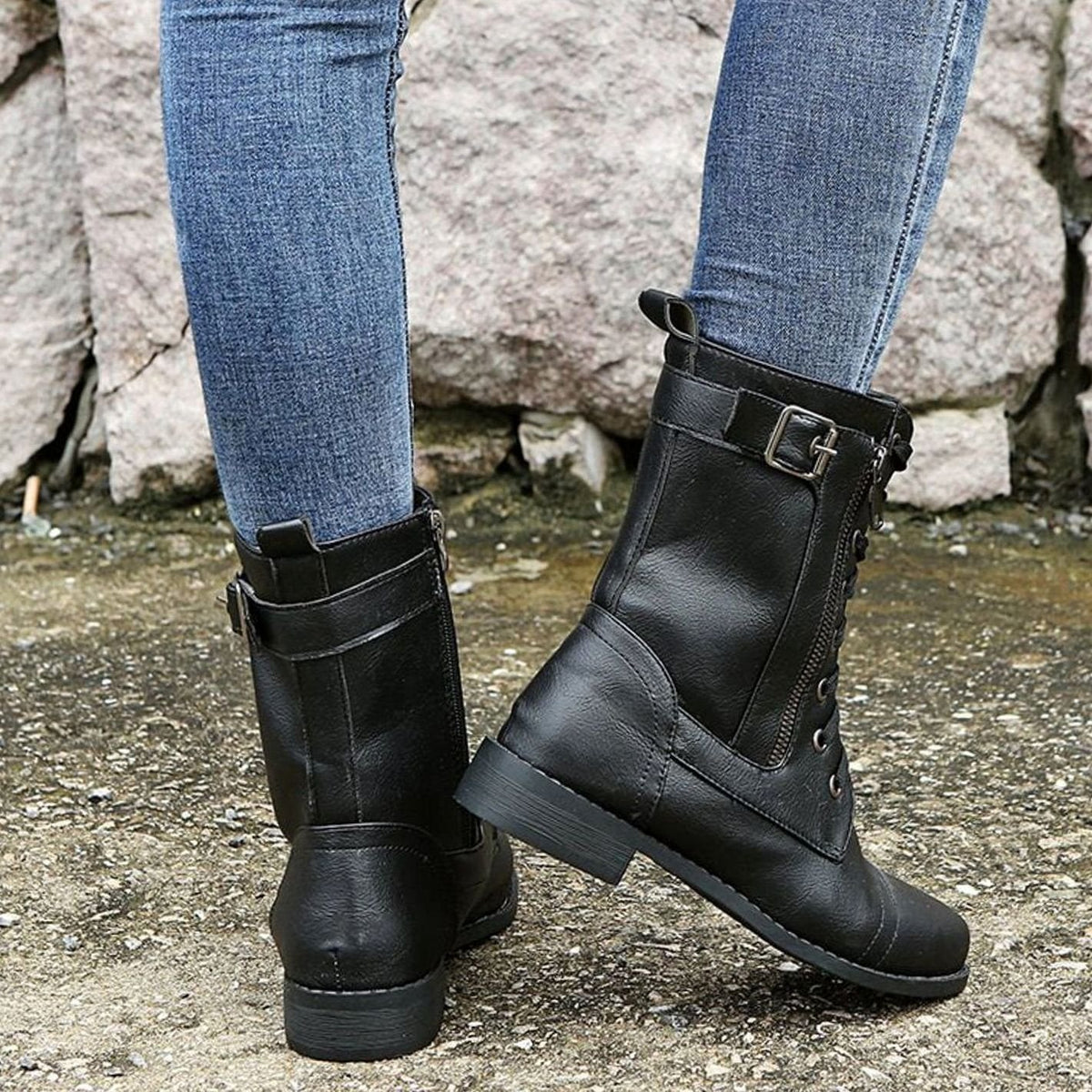 Women's Mid-Calf Faux Leather Combat Boots