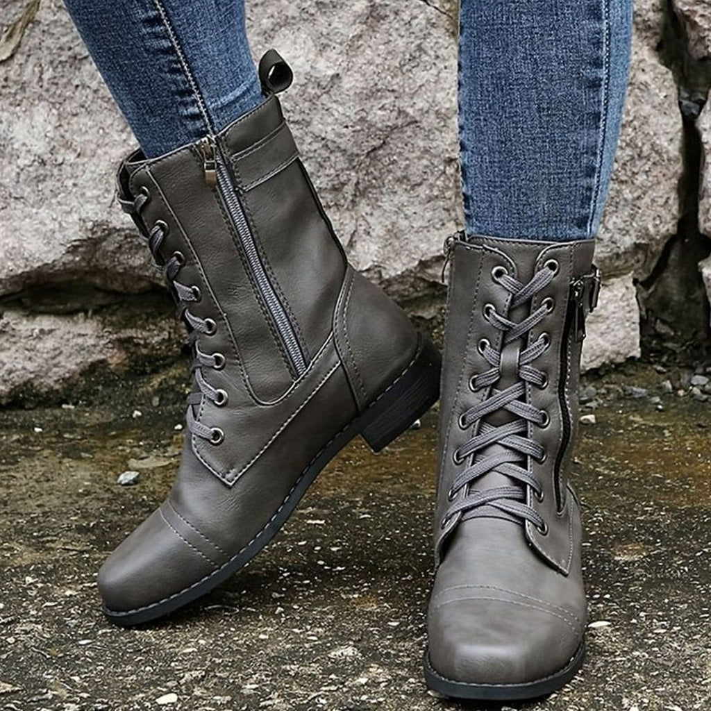 Women's Mid-Calf Faux Leather Combat Boots