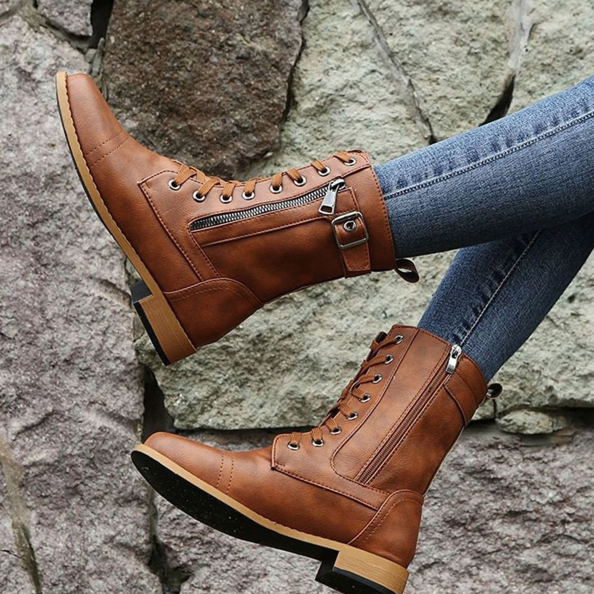 Women's Mid-Calf Faux Leather Combat Boots