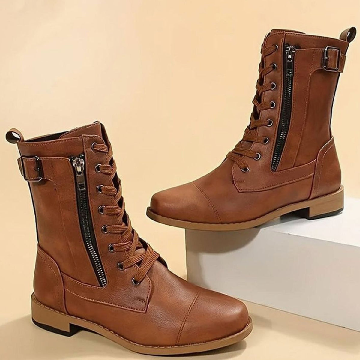 Women's Mid-Calf Faux Leather Combat Boots