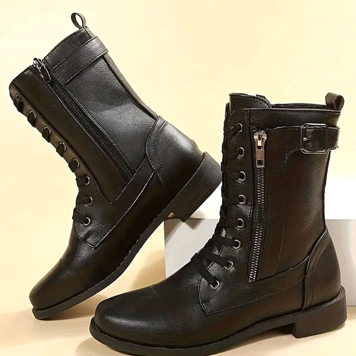 Women's Mid-Calf Faux Leather Combat Boots
