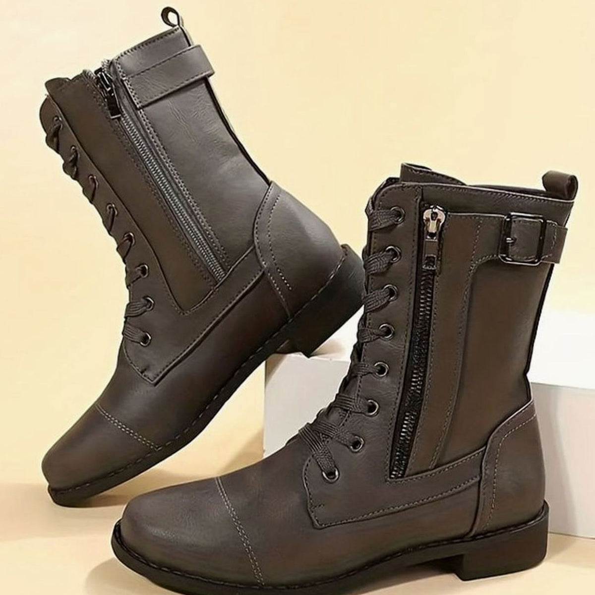 Women's Mid-Calf Faux Leather Combat Boots