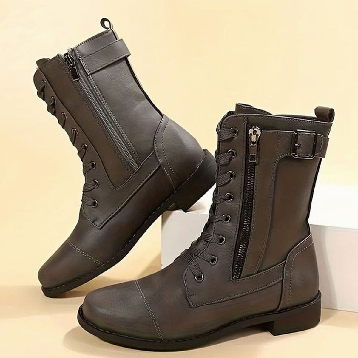 Women's Mid-Calf Faux Leather Combat Boots - Black