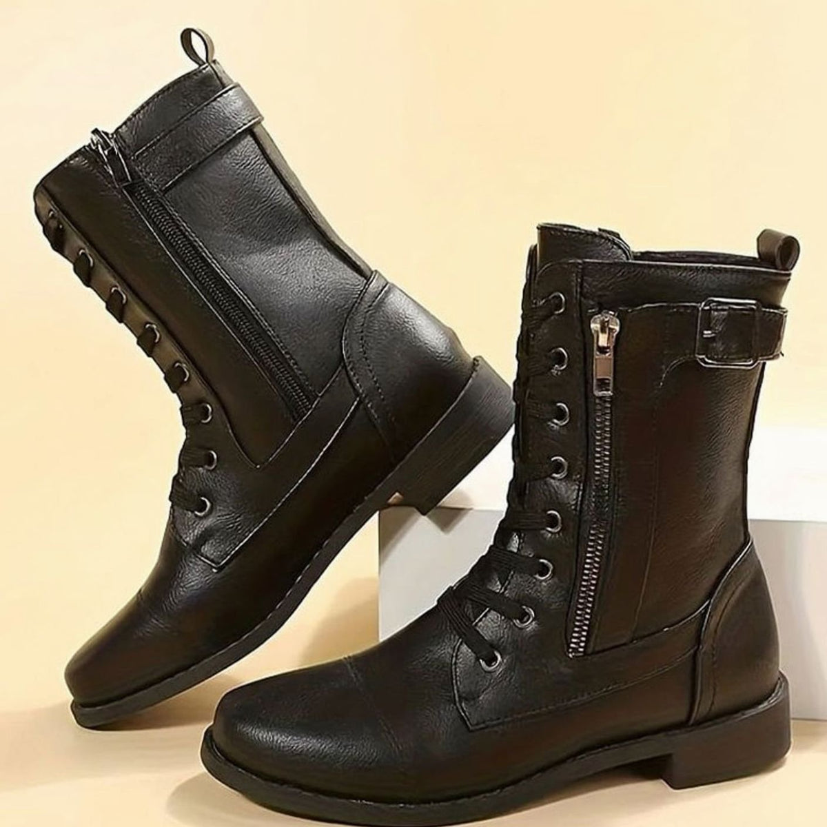 Women's Mid-Calf Faux Leather Combat Boots - Gray