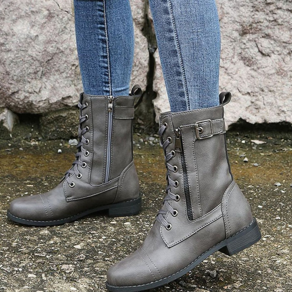 Women's Mid-Calf Faux Leather Combat Boots