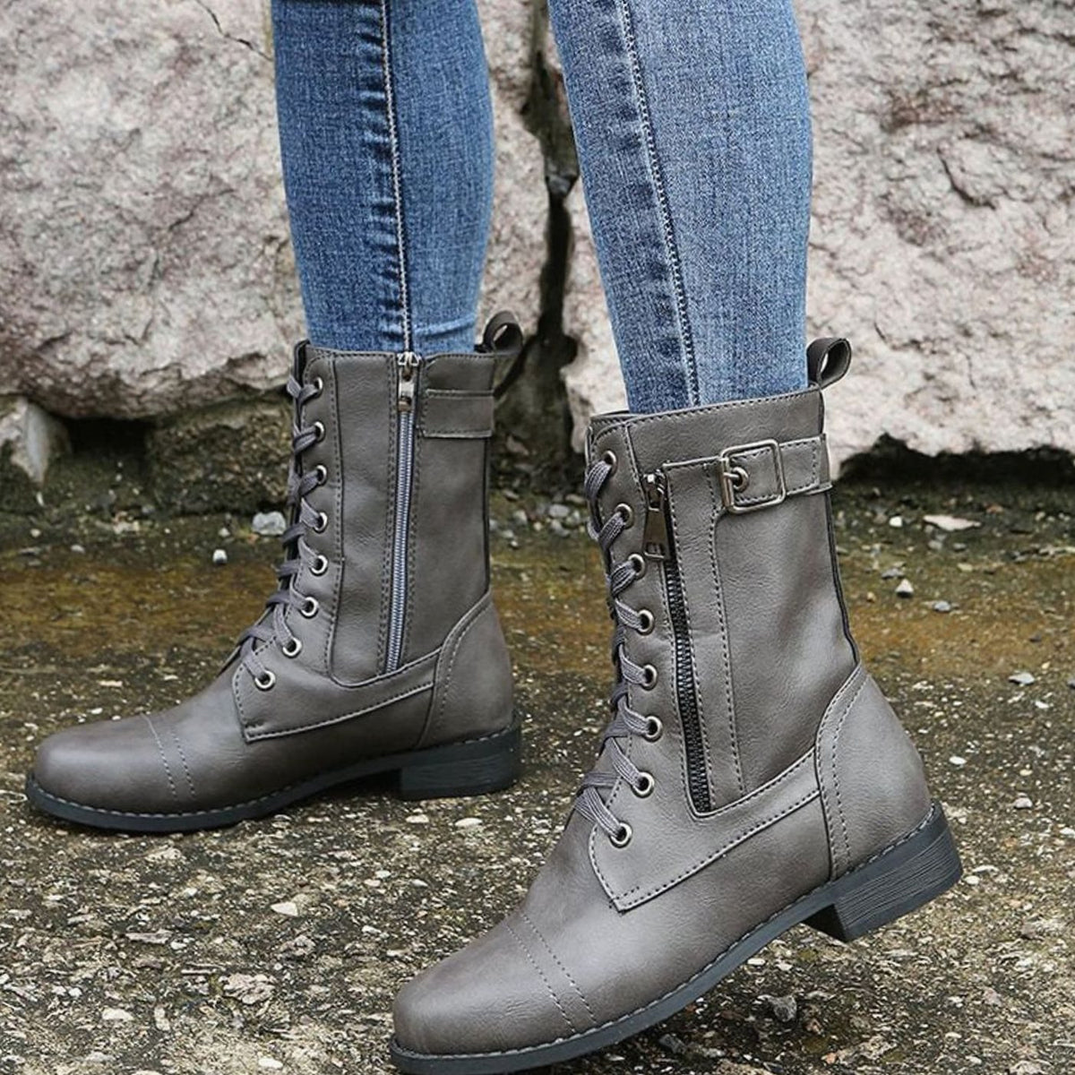 Women's Mid-Calf Faux Leather Combat Boots