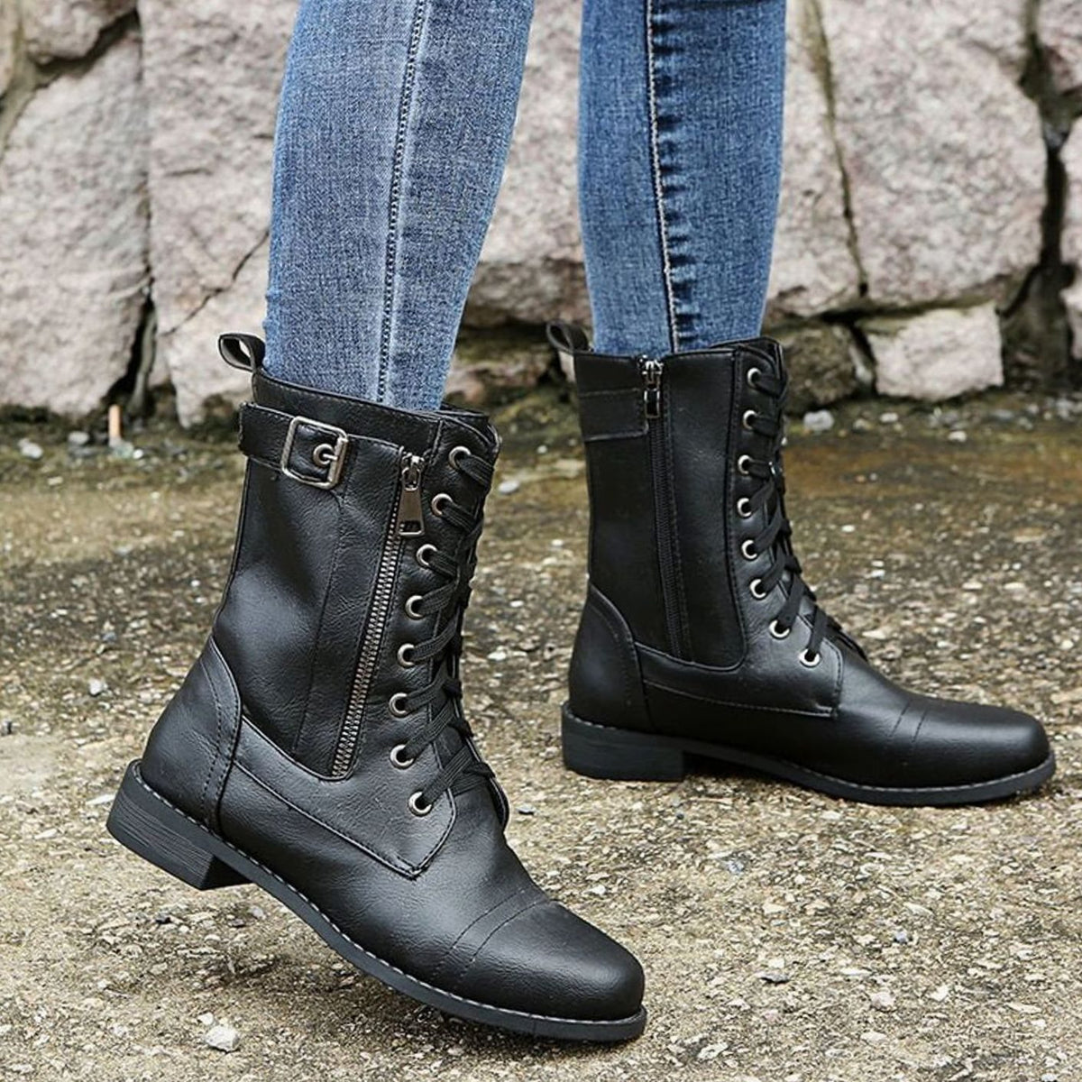 Women's Mid-Calf Faux Leather Combat Boots
