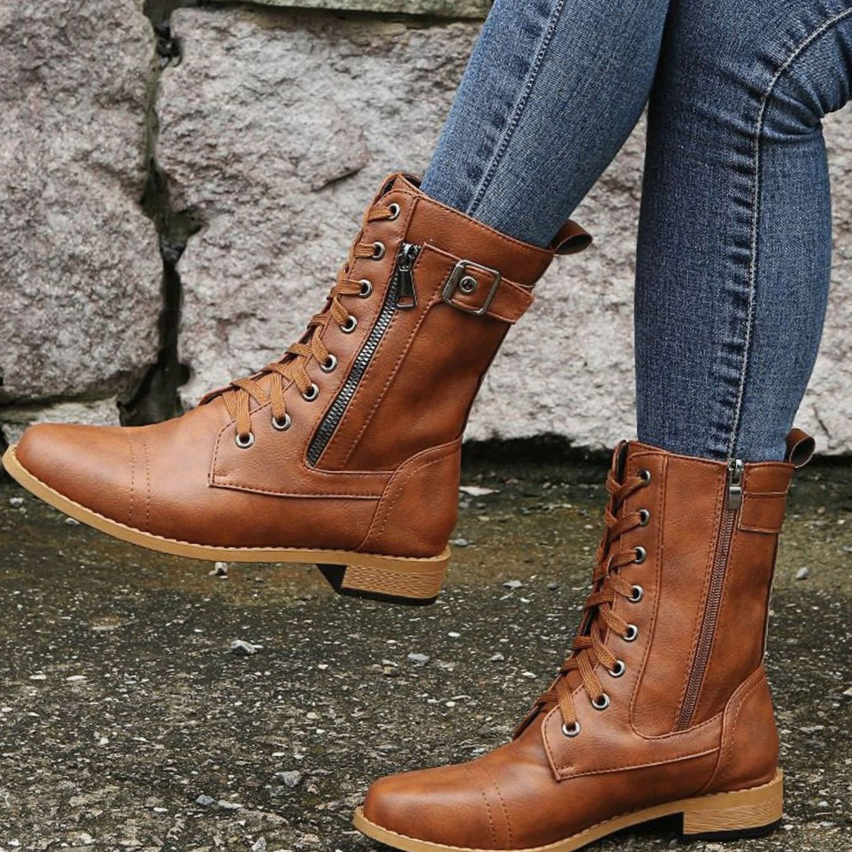 Women's Mid-Calf Faux Leather Combat Boots
