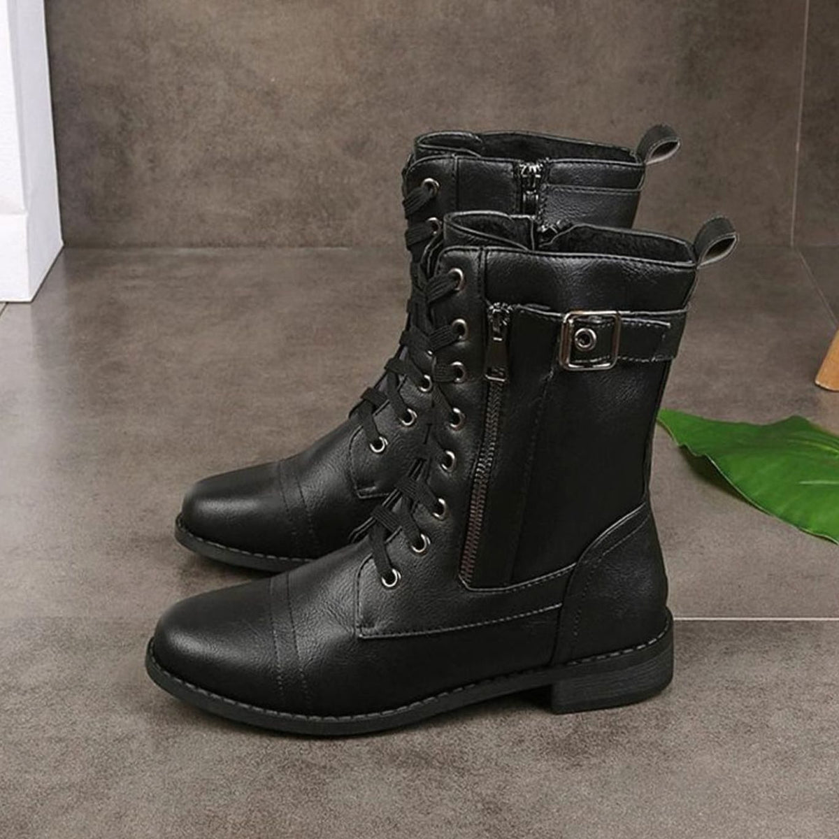 Women's Mid-Calf Faux Leather Combat Boots