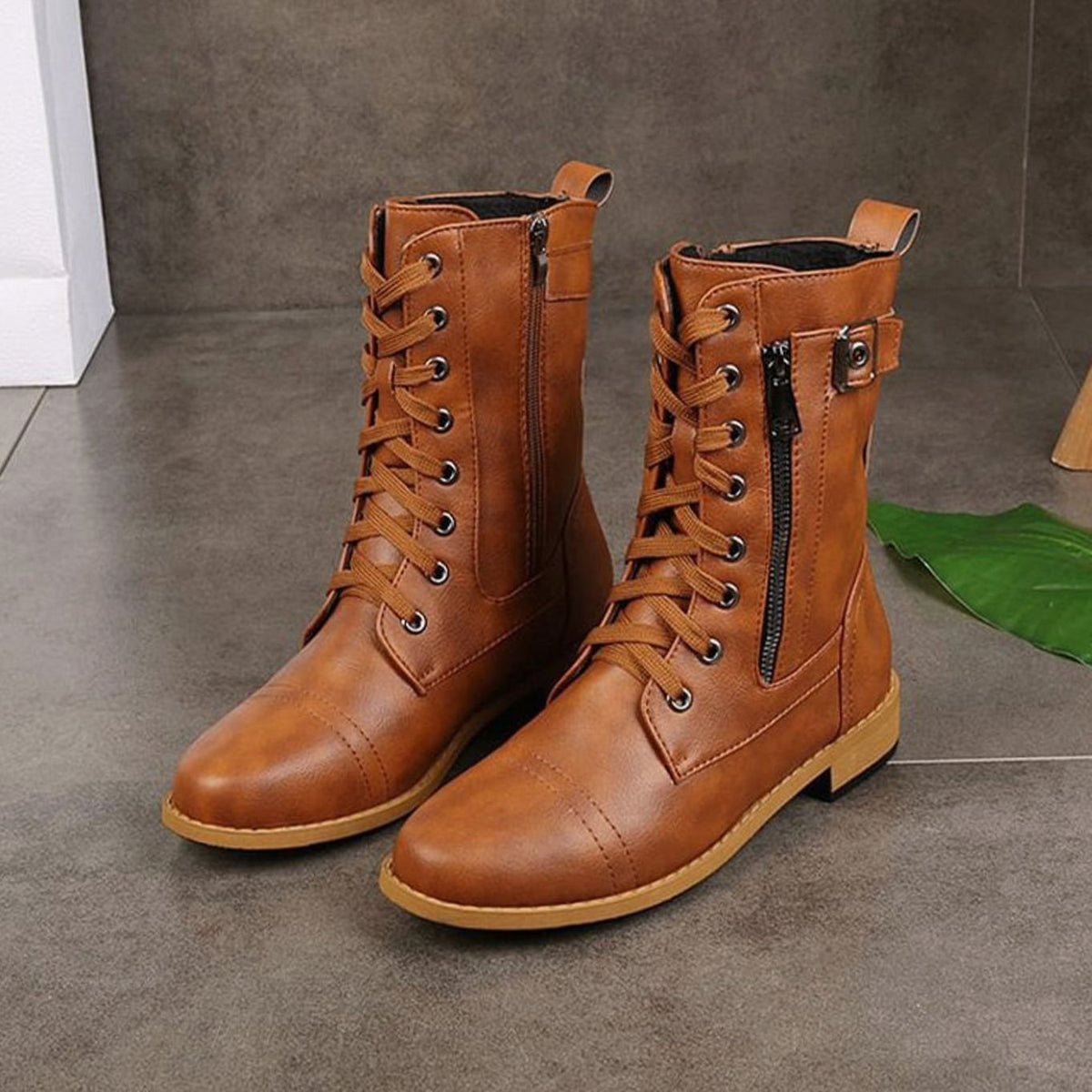 Women's Mid-Calf Faux Leather Combat Boots