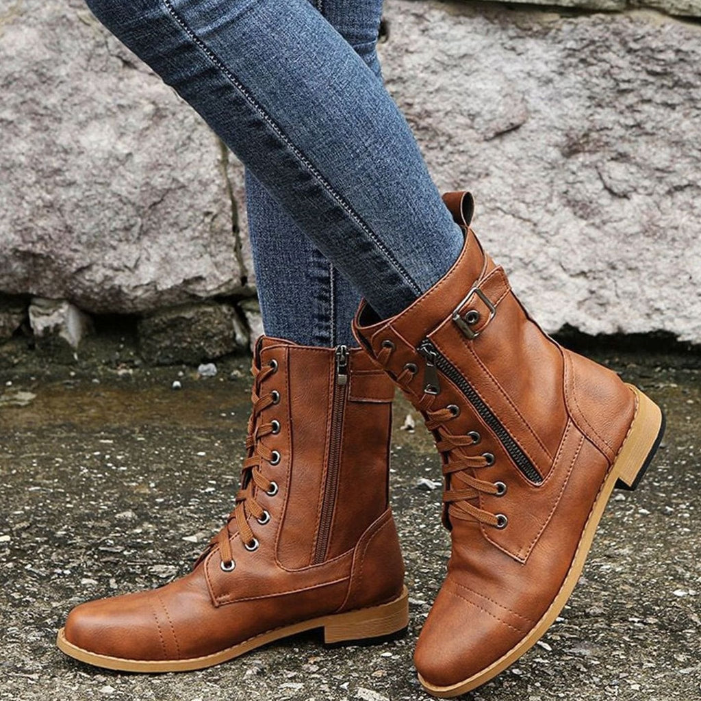 Women's Mid-Calf Faux Leather Combat Boots