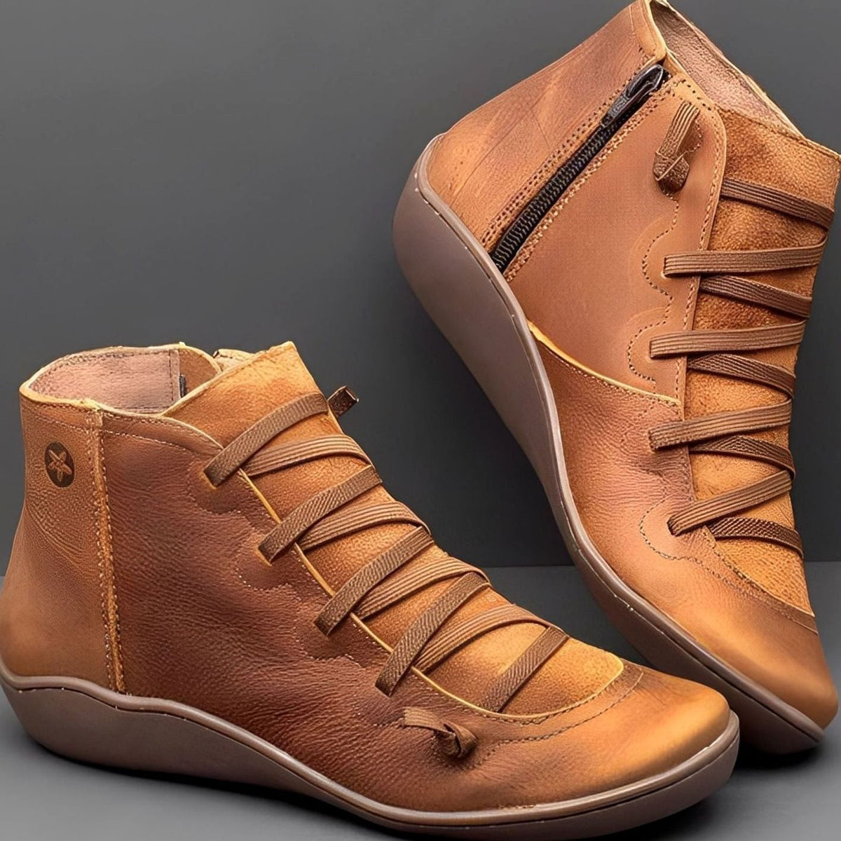 Women's Lace-Up Side-Zip Flat Ankle Boots - Red