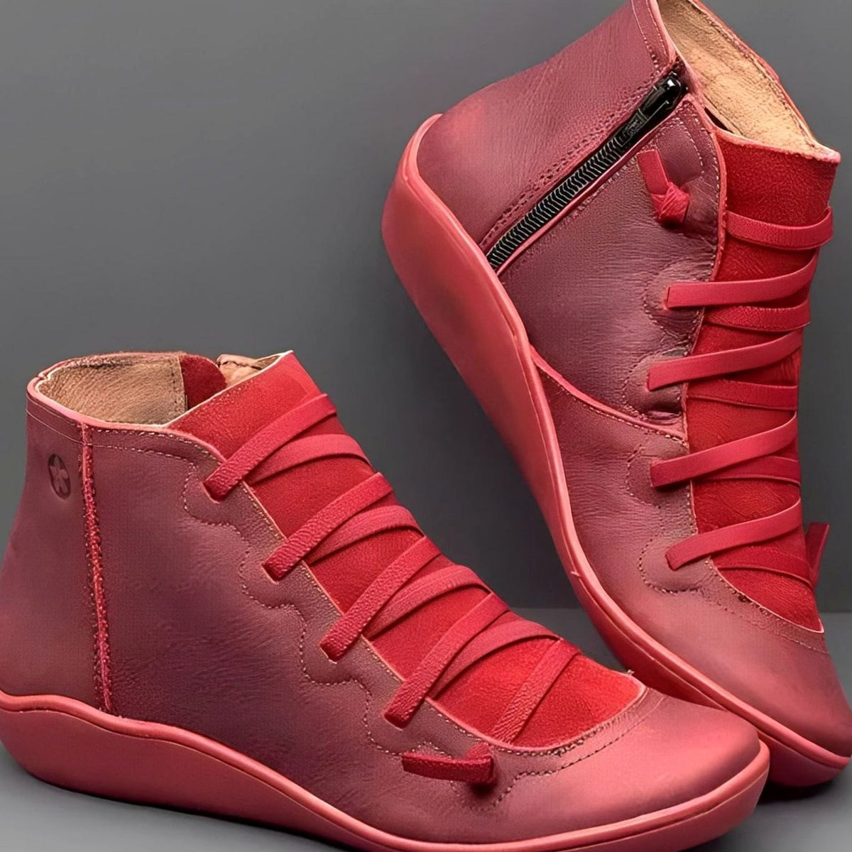 Women's Lace-Up Side-Zip Flat Ankle Boots - Gray