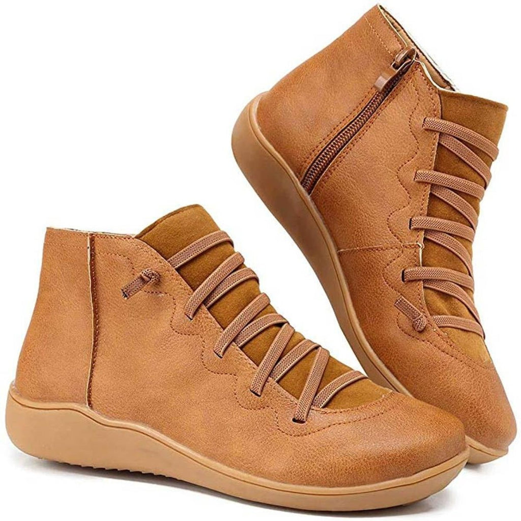 Women's Lace-Up Side-Zip Flat Leather Ankle Boots