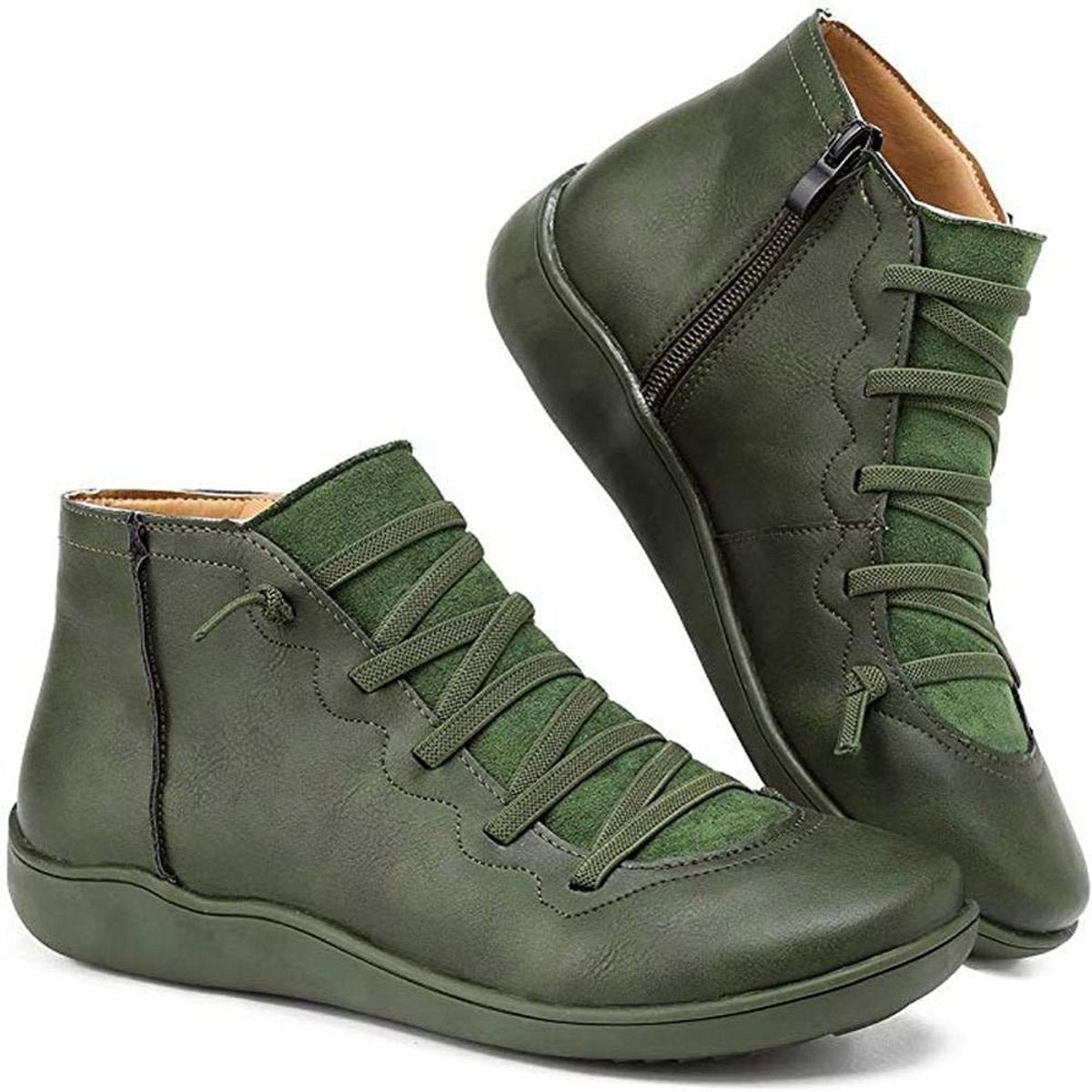Women's Lace-Up Side-Zip Flat Leather Ankle Boots