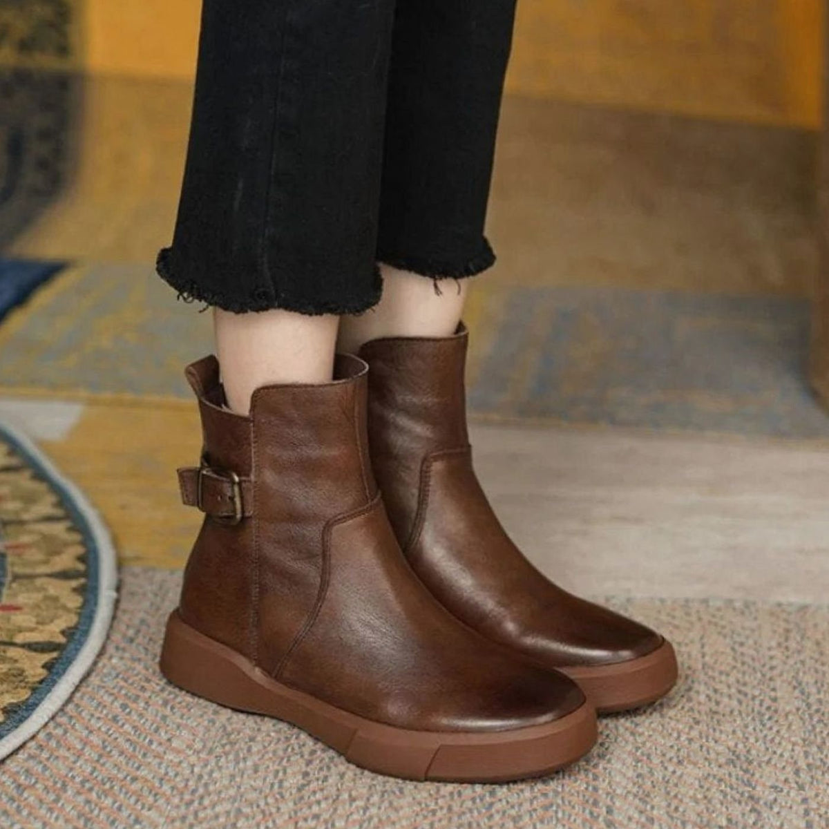 Women's Leather Buckle Detail Platform Ankle Boots - Brown