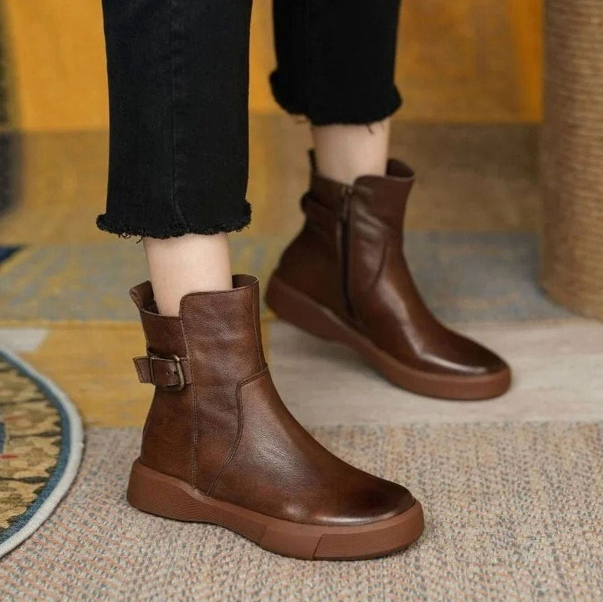 Women's Leather Buckle Detail Platform Ankle Boots