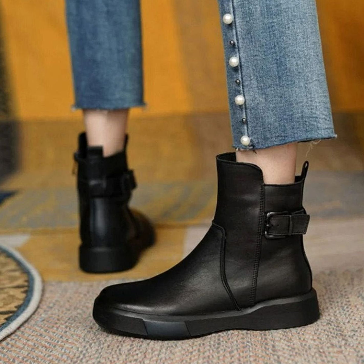 Women's Leather Buckle Detail Platform Ankle Boots