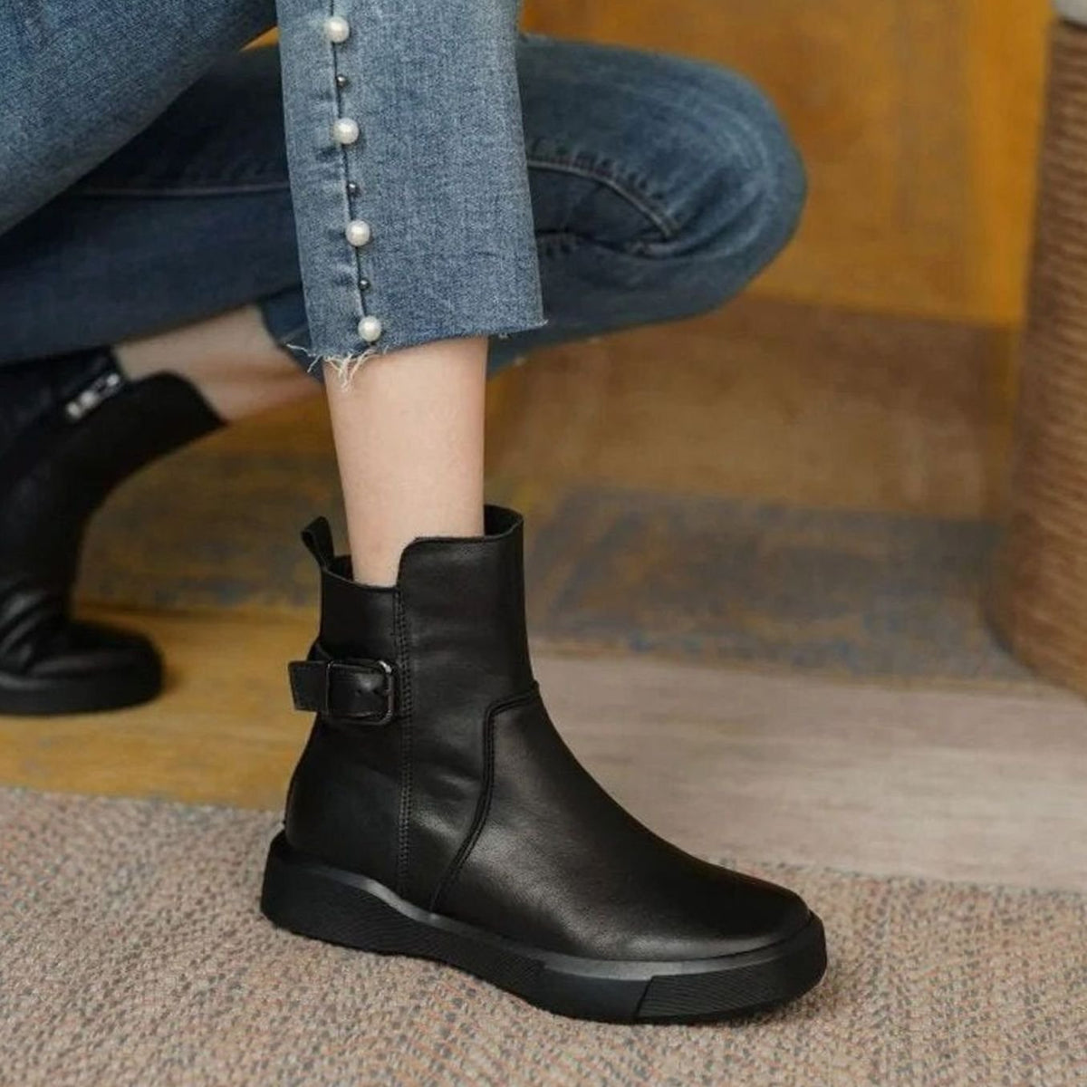Women's Leather Buckle Detail Platform Ankle Boots