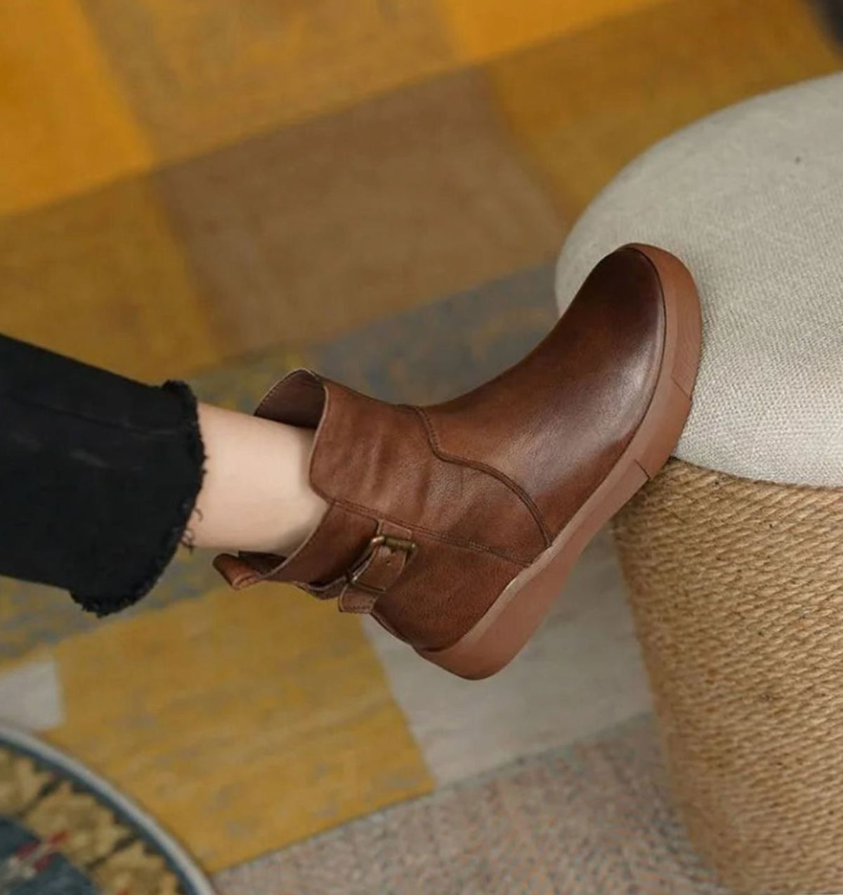 Women's Leather Buckle Detail Platform Ankle Boots