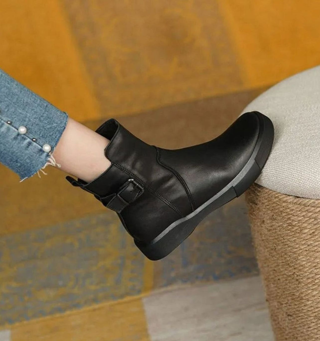 Women's Leather Buckle Detail Platform Ankle Boots