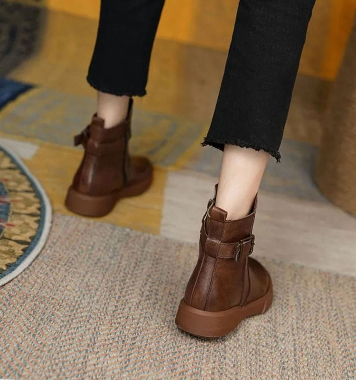 Women's Leather Buckle Detail Platform Ankle Boots