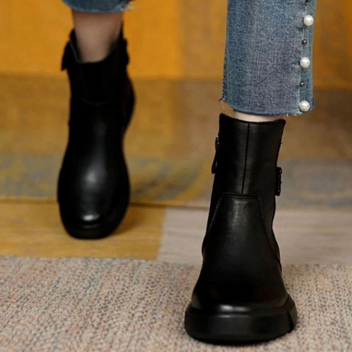 Women's Leather Buckle Detail Platform Ankle Boots