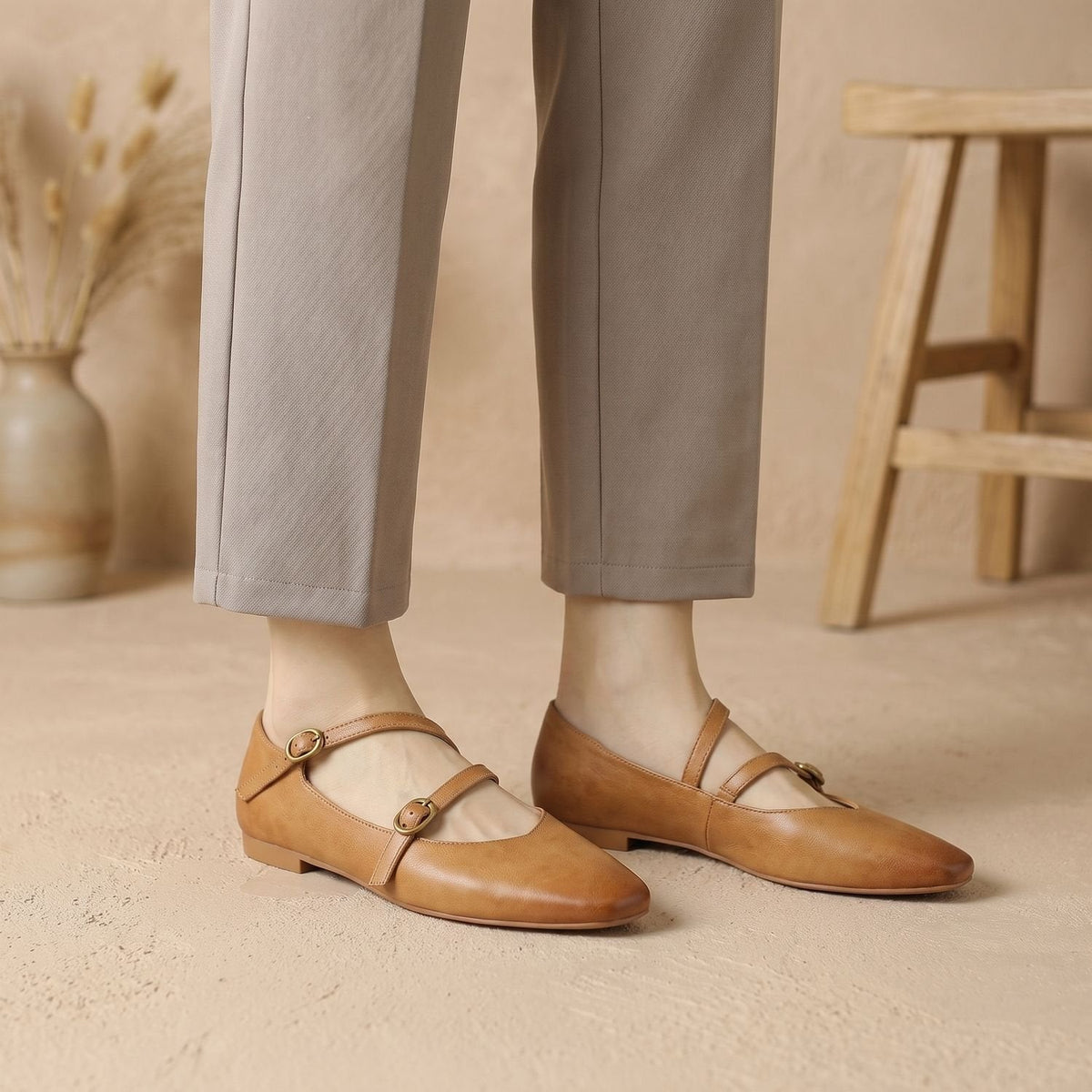 Women's Double-Strap Leather Mary Jane Flats with Padded Insole - Brown