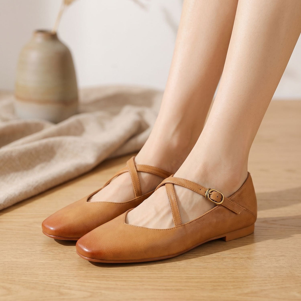 Women's Double-Strap Leather Mary Jane Flats with Padded Insole