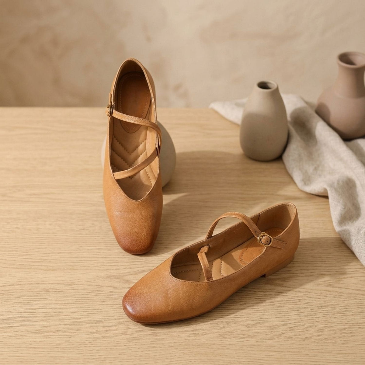 Women's Double-Strap Leather Mary Jane Flats with Padded Insole