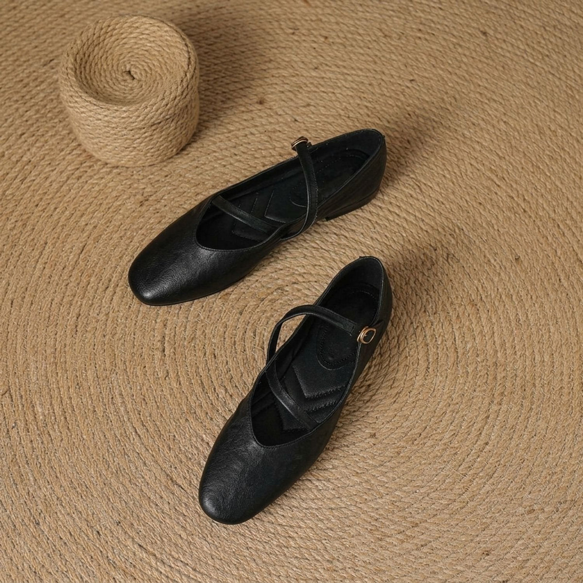 Women's Double-Strap Leather Mary Jane Flats with Padded Insole