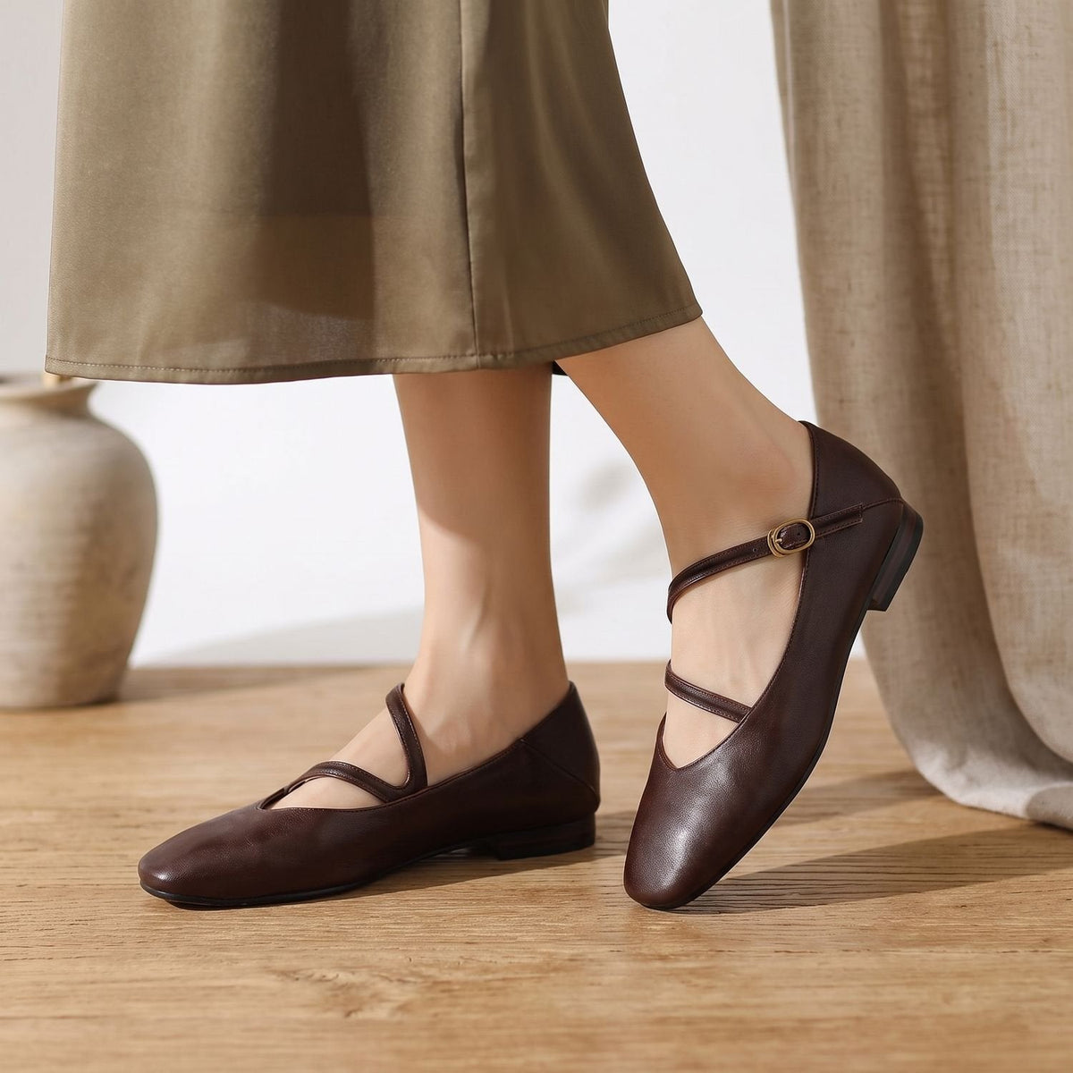 Women's Double-Strap Leather Mary Jane Flats with Padded Insole - Mocha