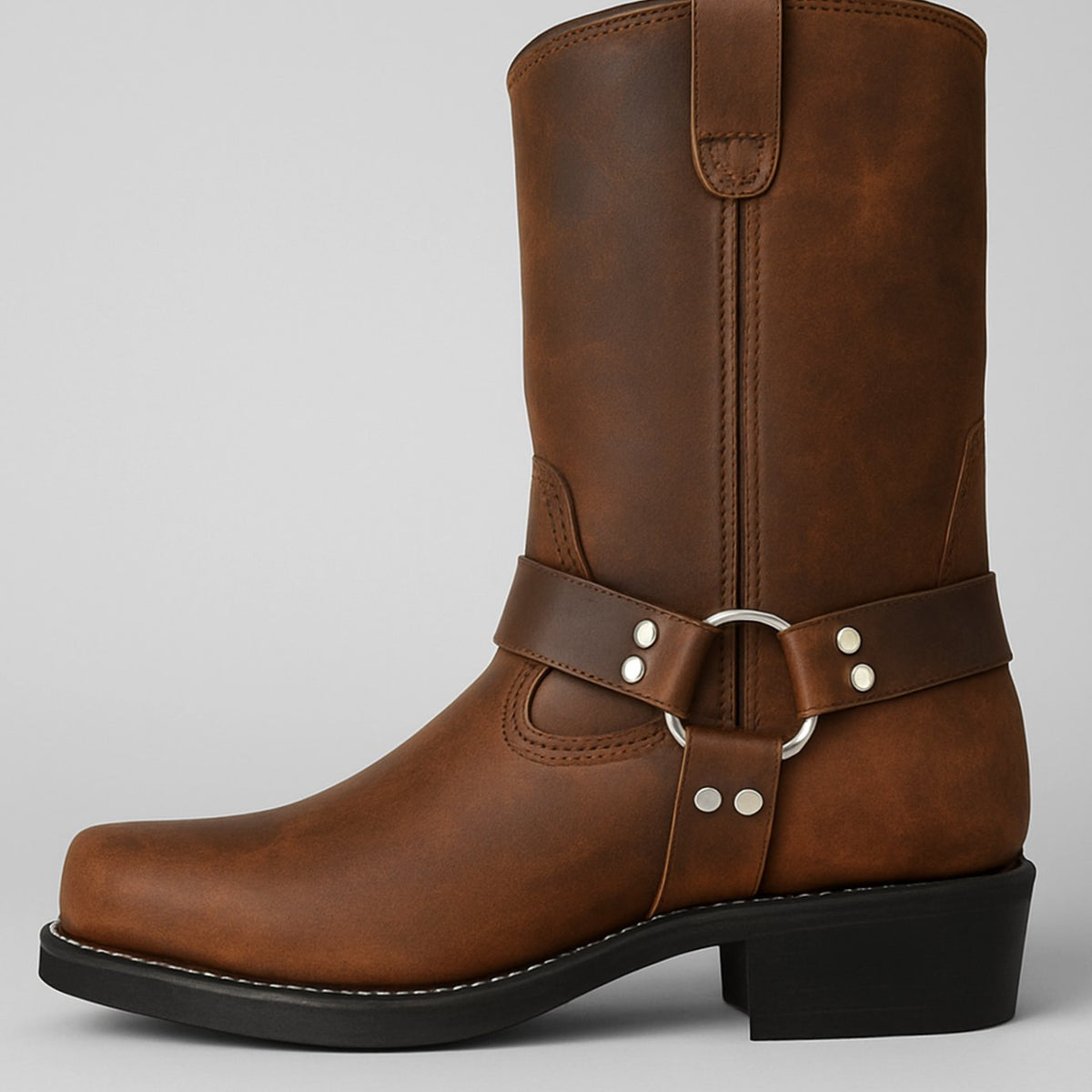 Women's Square Toe Leather Western Harness Boots - Black