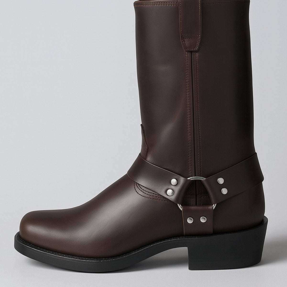 Women's Square Toe Leather Western Harness Boots - Dark Brown