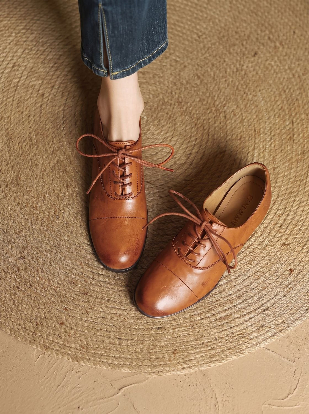 Women's Leather Cap Toe Lace-Up Oxford Flats