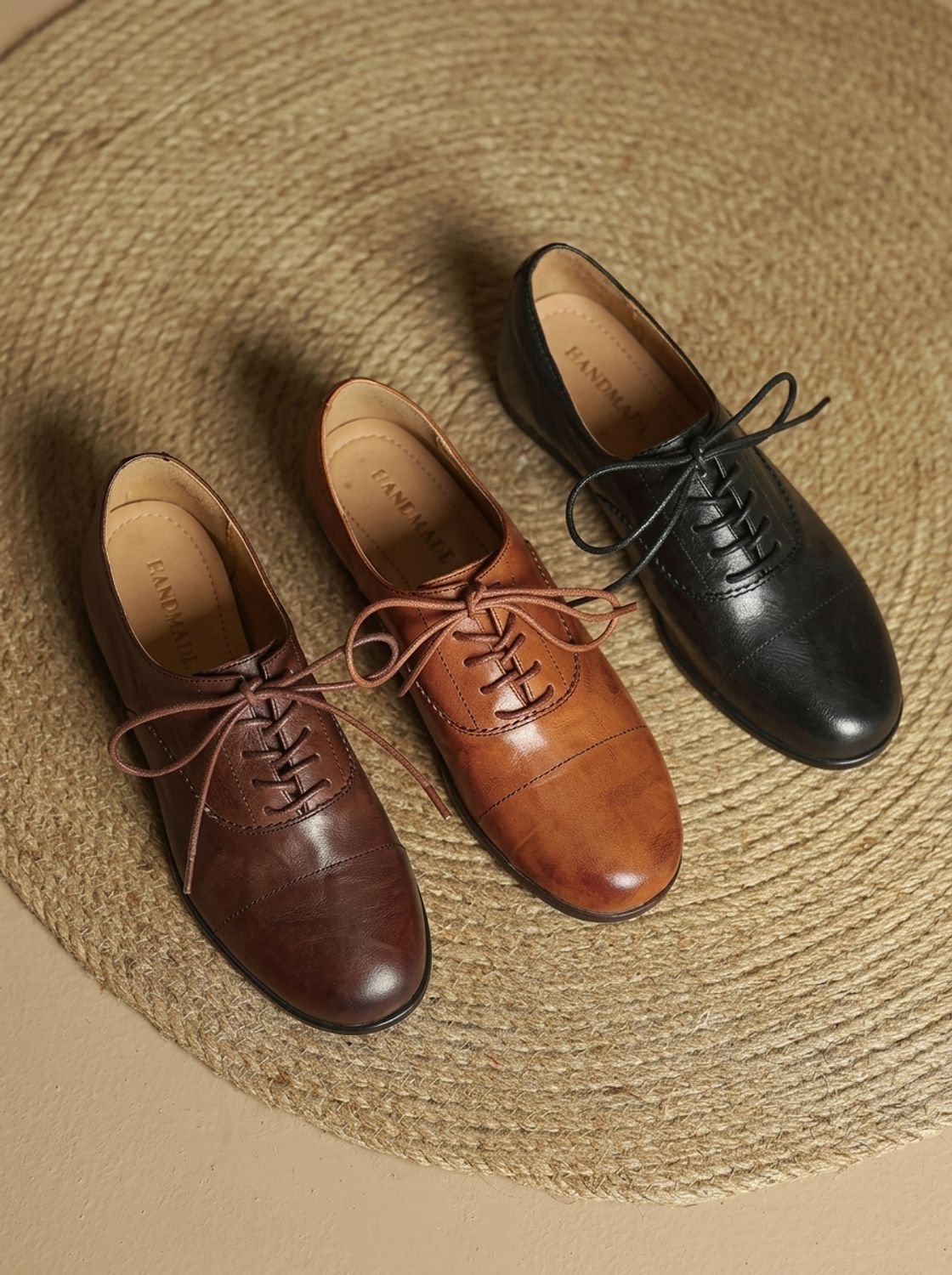 Women's Leather Cap Toe Lace-Up Oxford Flats - Brown