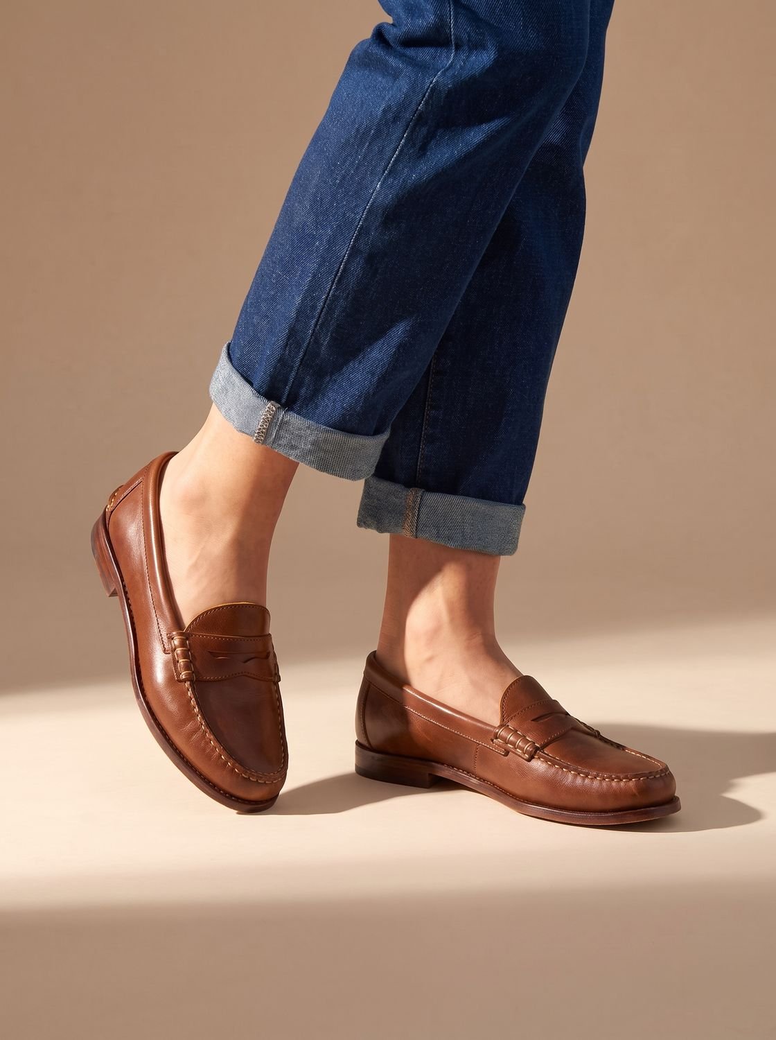 Women's Leather Penny Loafers with Moccasin Stitching - Brown