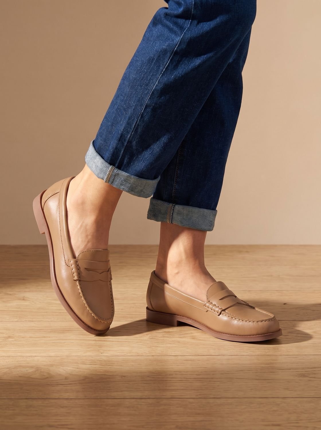 Women's Leather Penny Loafers with Moccasin Stitching - Khaki
