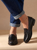 Women's Leather Penny Loafers with Moccasin Stitching - Black