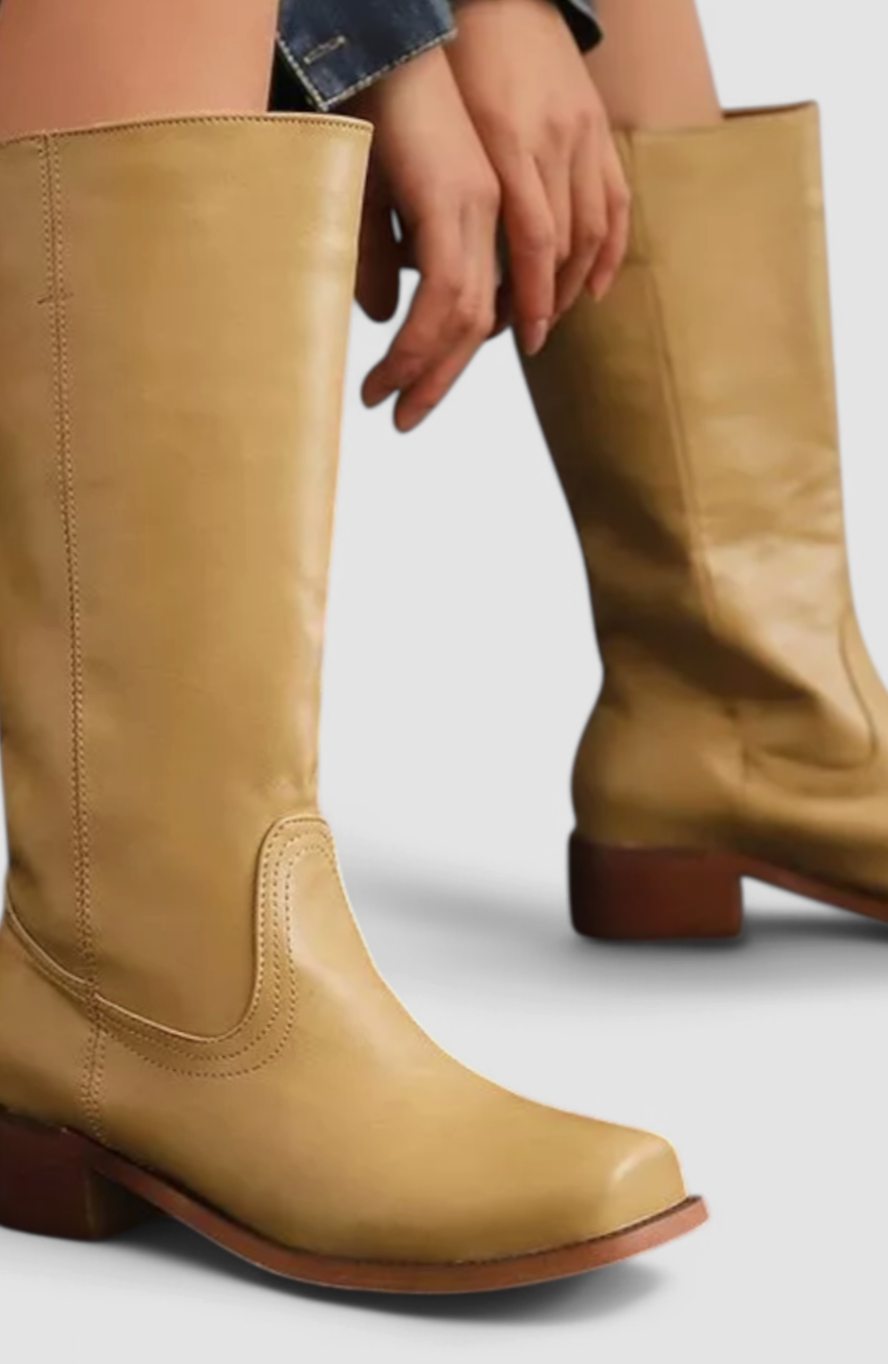 Women's Smooth Leather Stacked-Heel Tall Boots - Brown