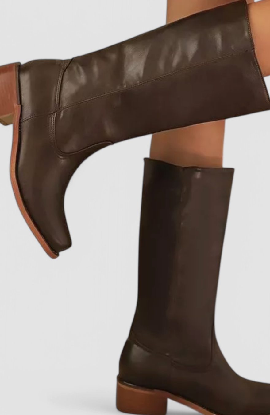 Women's Smooth Leather Stacked-Heel Tall Boots - Black