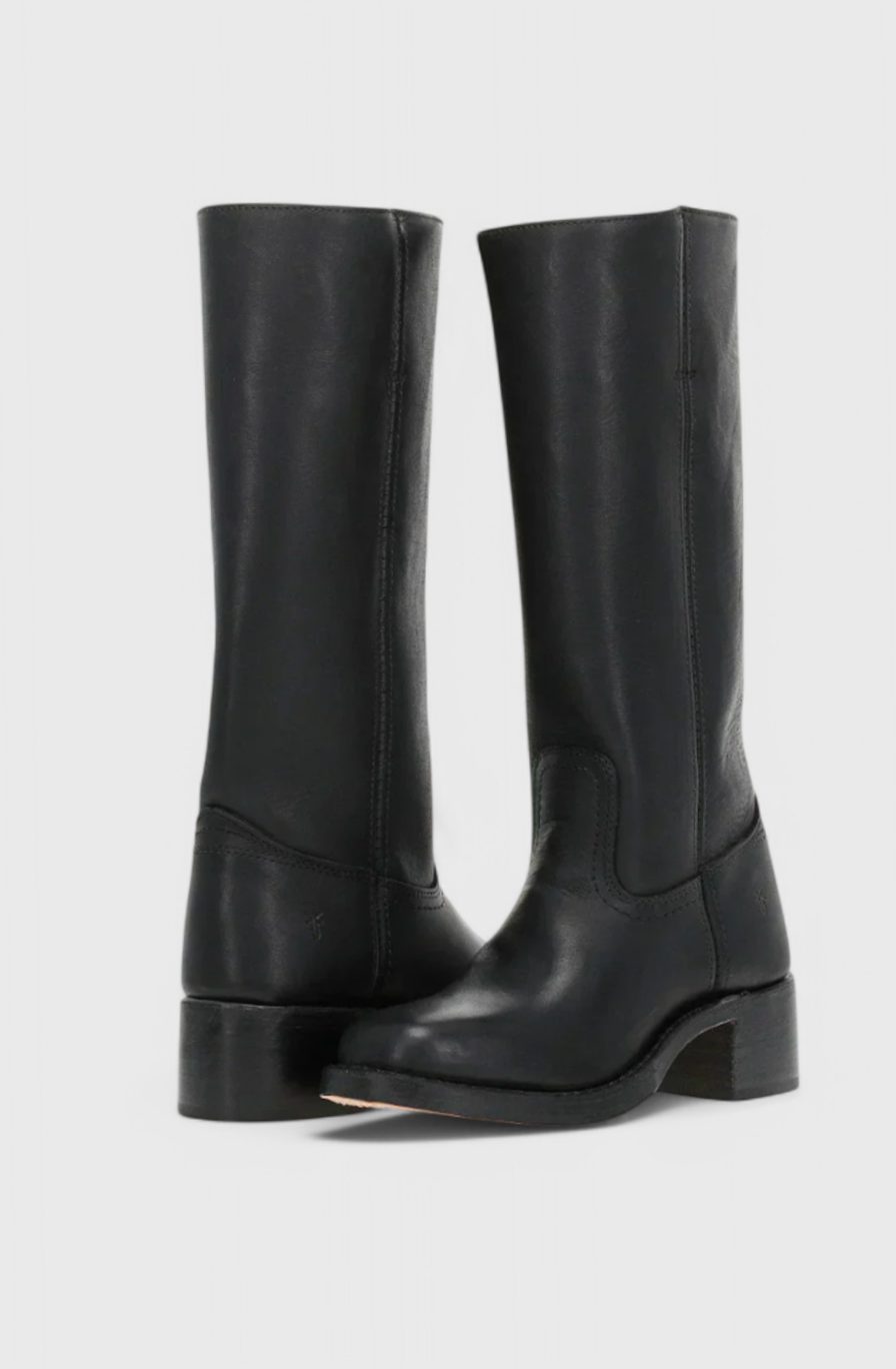 Women's Smooth Leather Stacked-Heel Tall Boots - Dark Brown