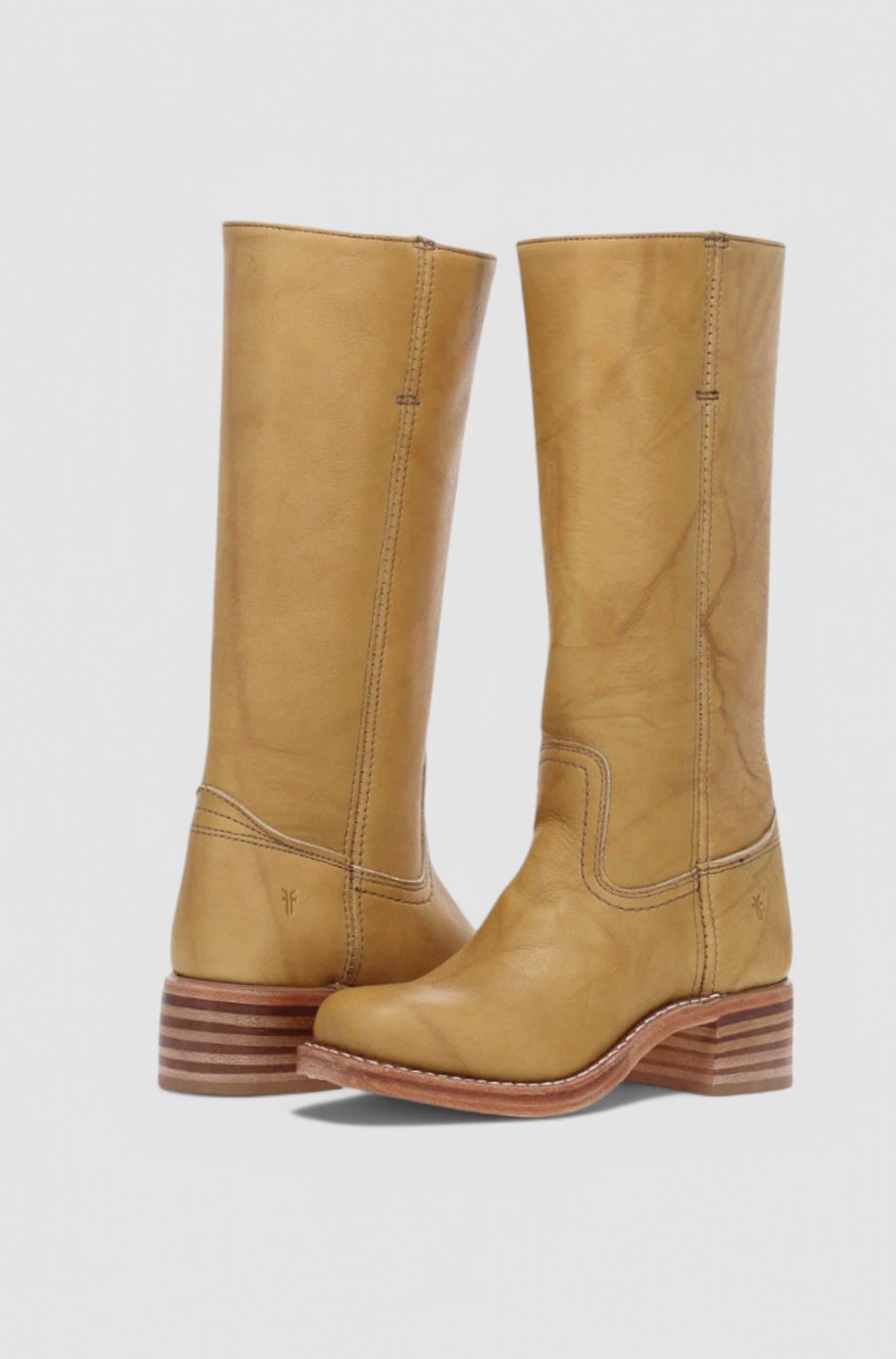 Women's Smooth Leather Stacked-Heel Tall Boots - Light Brown