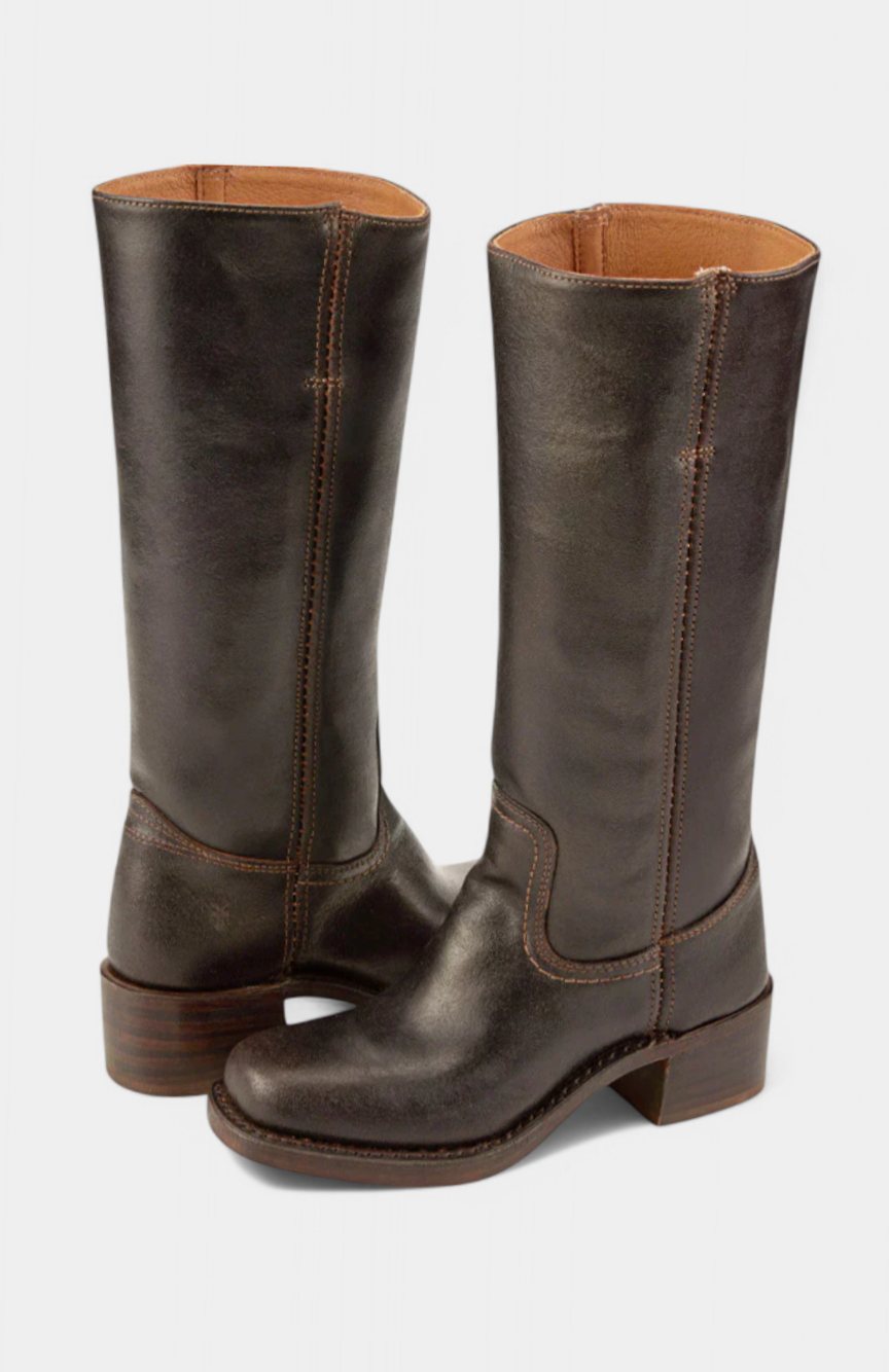 Women's Smooth Leather Stacked-Heel Tall Boots