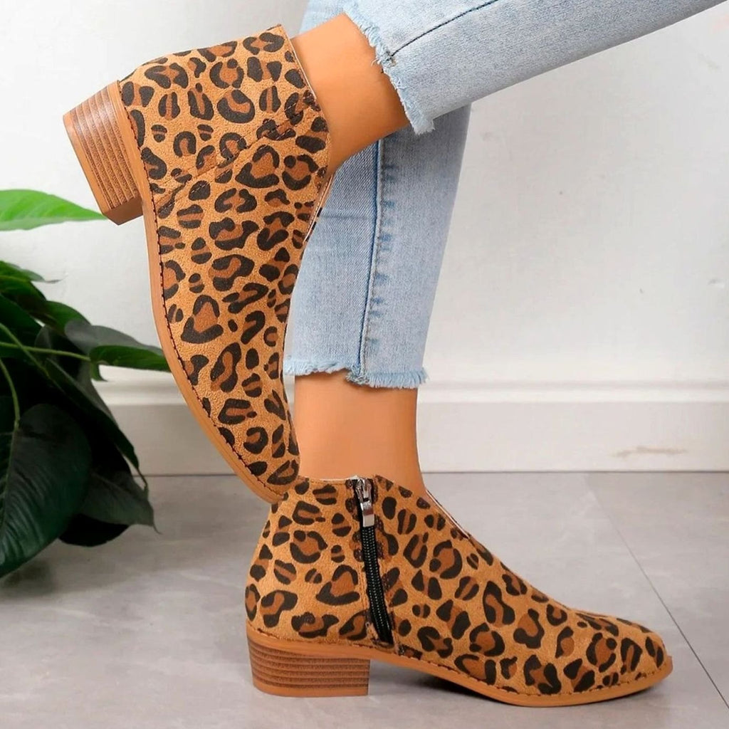 Women's Leopard Print Side-Zip Block Heel Boots - Khaki
