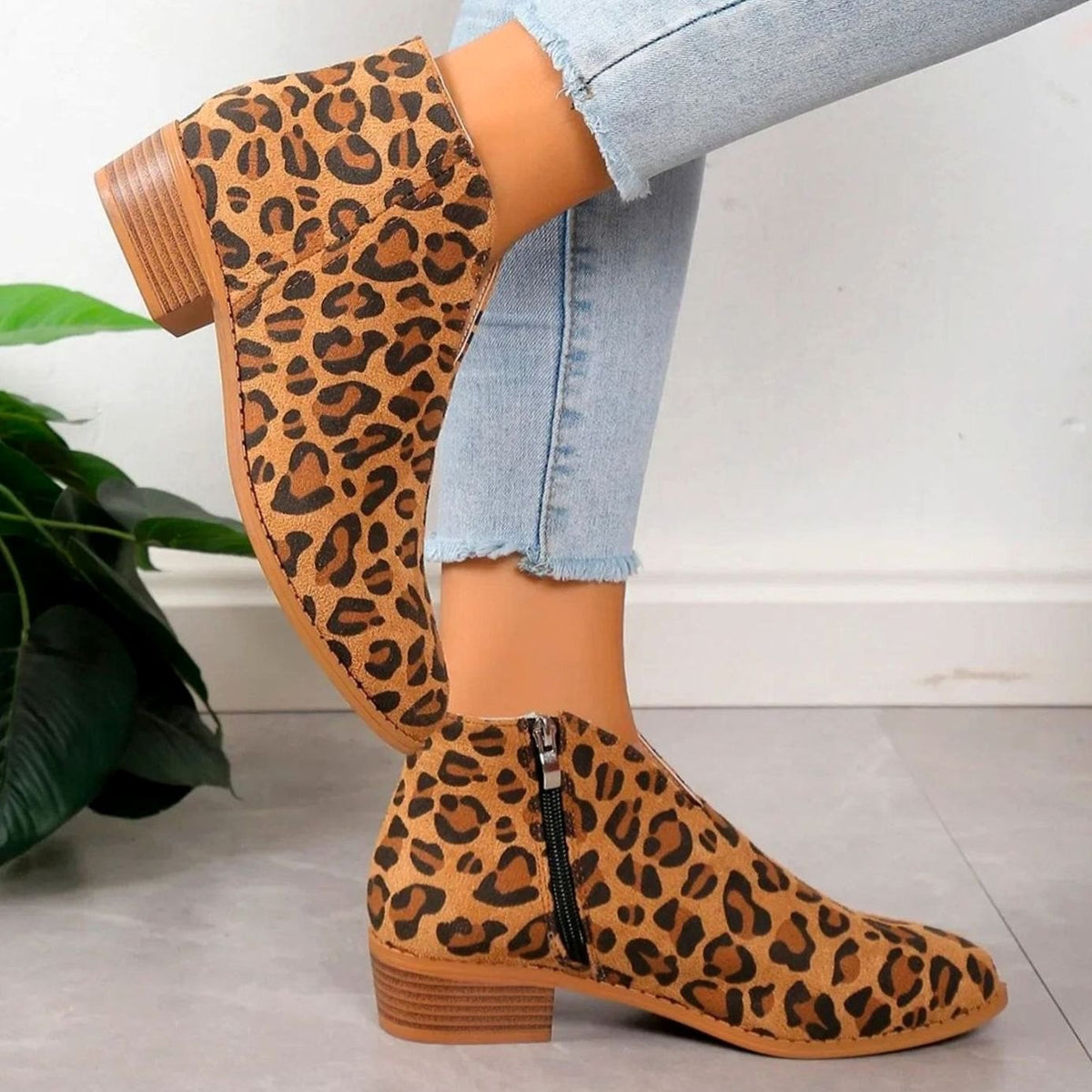 Women's Leopard Print Side-Zip Block Heel Boots - Khaki