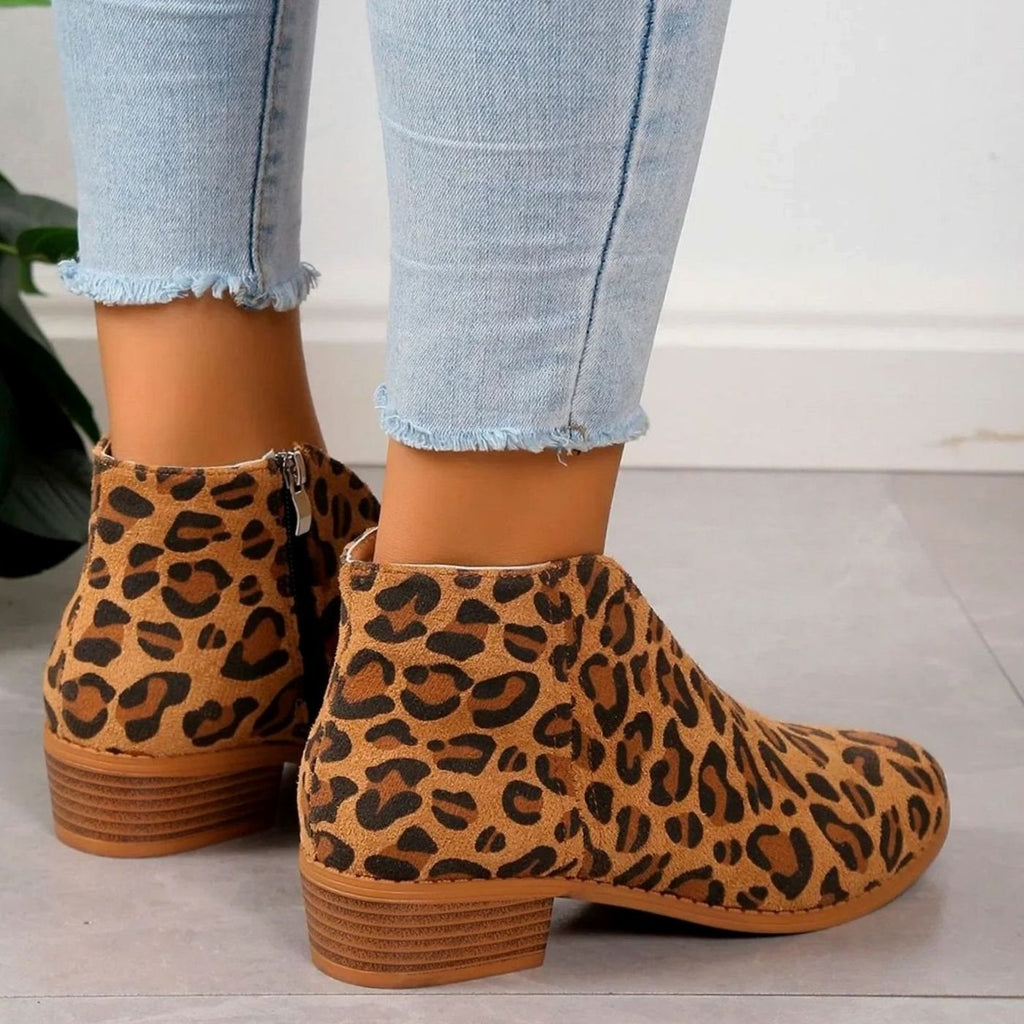 Women's Leopard Print Side-Zip Block Heel Boots - Black