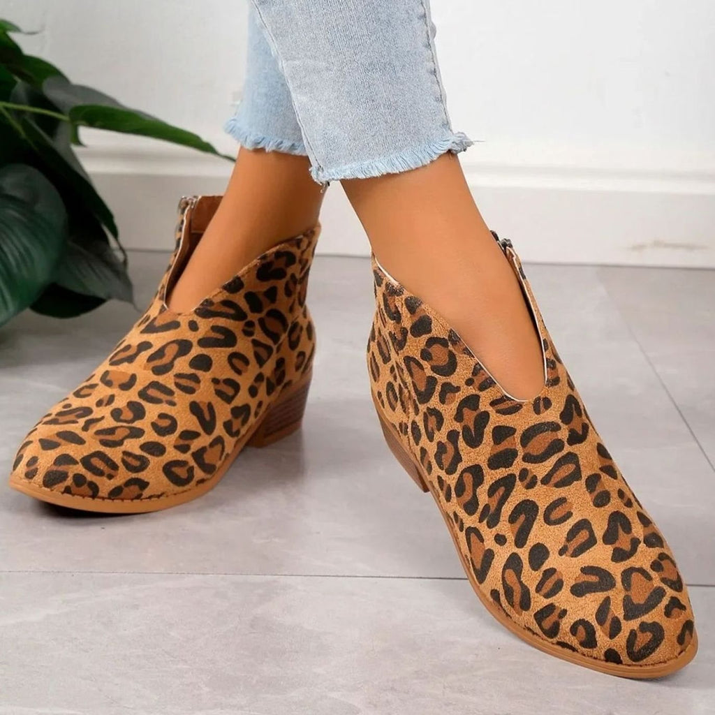 Women's Leopard Print Side-Zip Block Heel Boots - Leopard