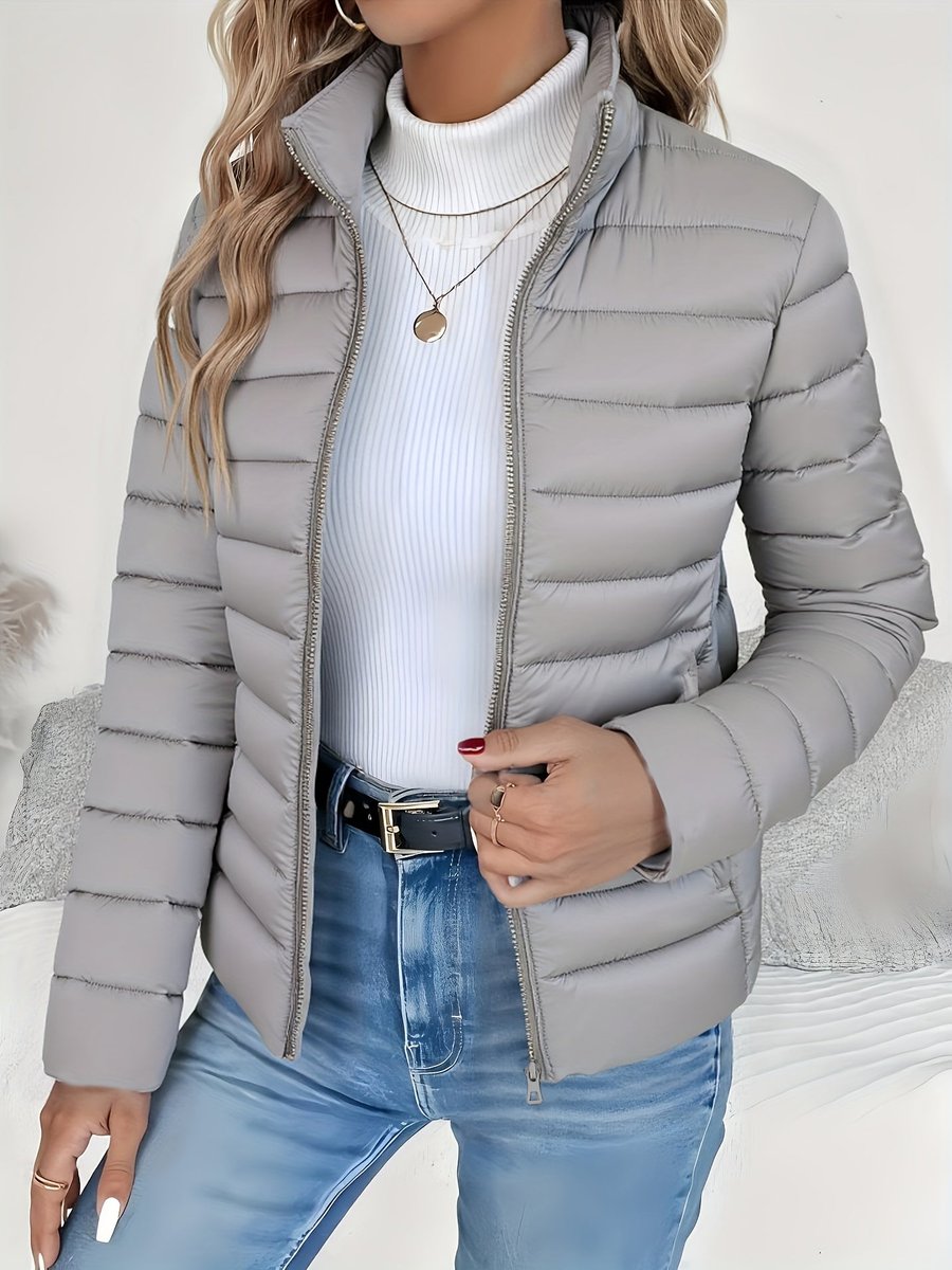 Women's Lightweight Quilted Puffer Coat with Stand Collar - Gray
