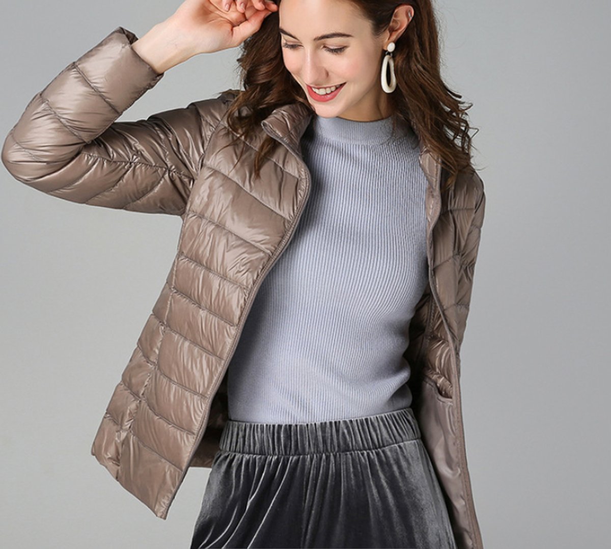 Women's Lightweight Quilted Puffer Coat with Stand Collar - Khaki